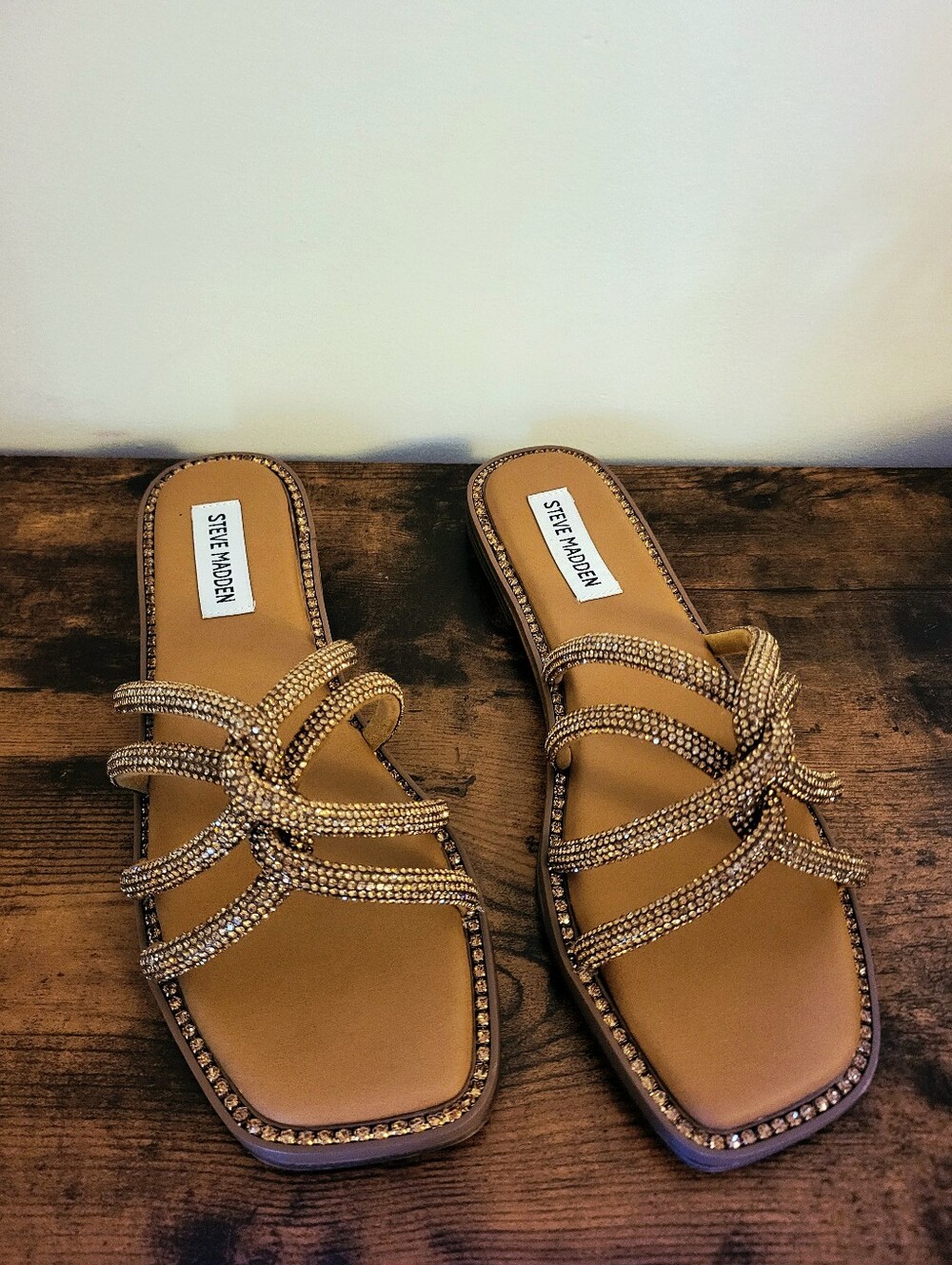 Steve Madden Gold Rhinestone Strappy Slide Sandals - Picture 2 of 11